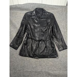 JLC New York Women Leather Coat Black Size XL Belted Vintage Classic